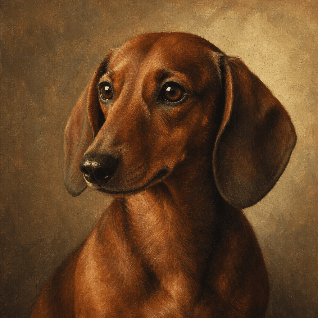 Painted portrait of a red dachshund, head and chest, in the house style
