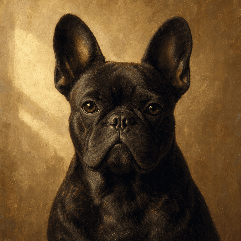 Painted portrait of a black French bulldog, head and chest, in the house style