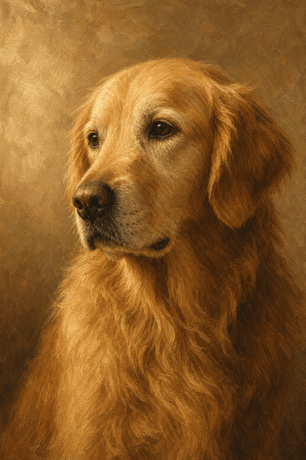 Painted portrait of a golden retriever, head and chest, in the house style